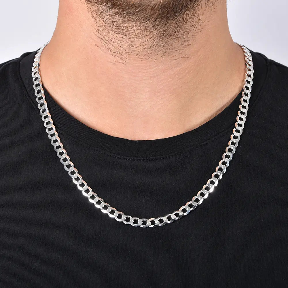 Stylish and authentic Silver Cuban Curb Link Chain. 925 Sterling Chain.